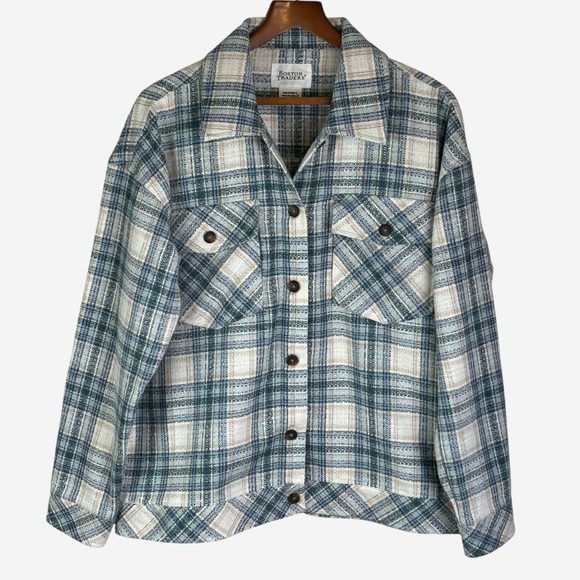 Plaid Shacket Shirt Jacket Size L Button Front Teal Cloud Boston Traders - Picture 4 of 12